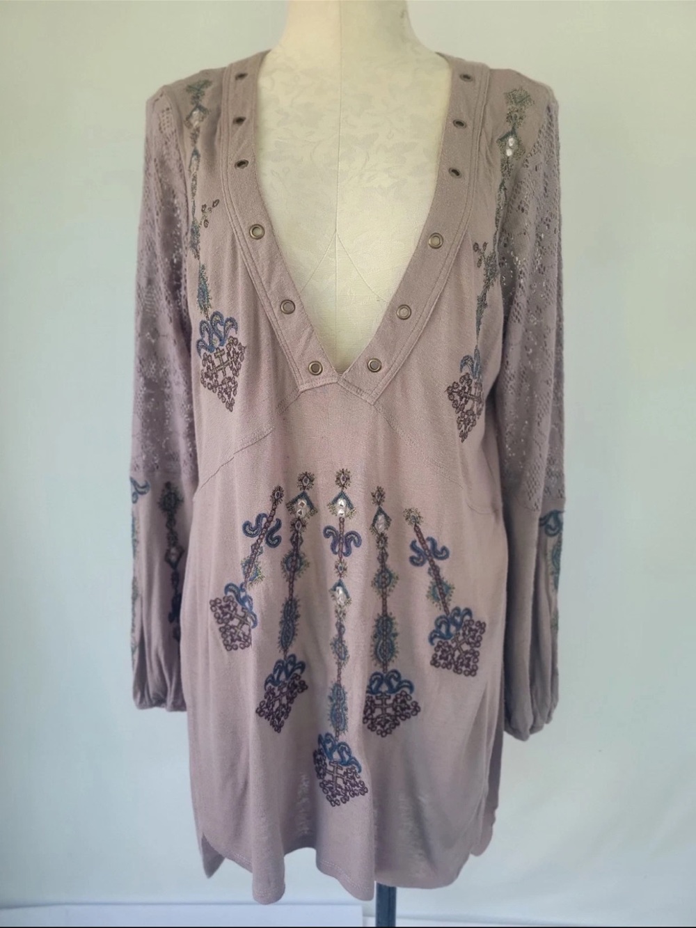 Free People Embroidered Taupe Long Sleeve Tunic L